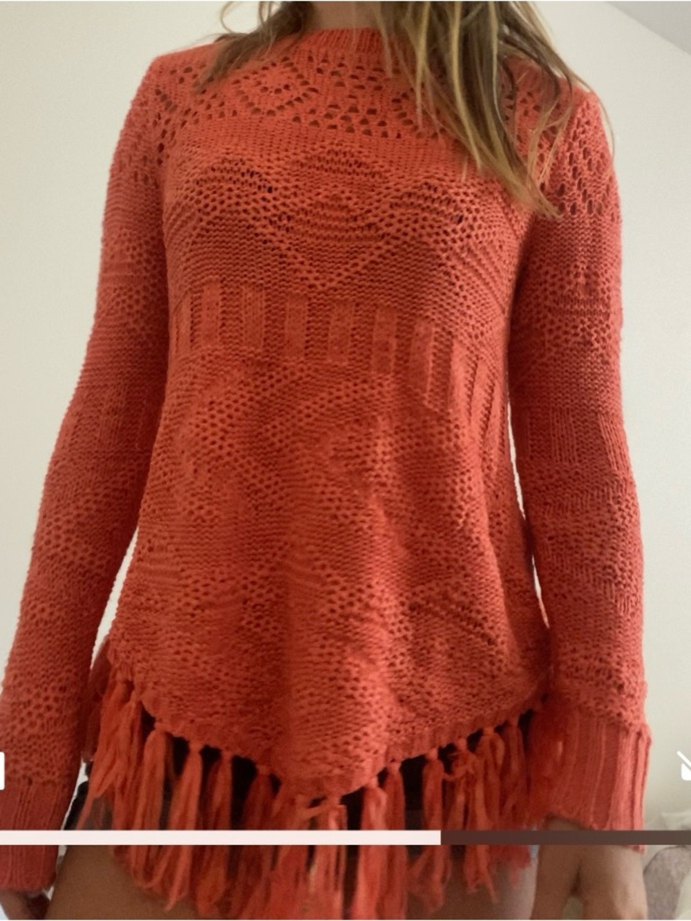 Open-Knit Fringe Sweater - Coral